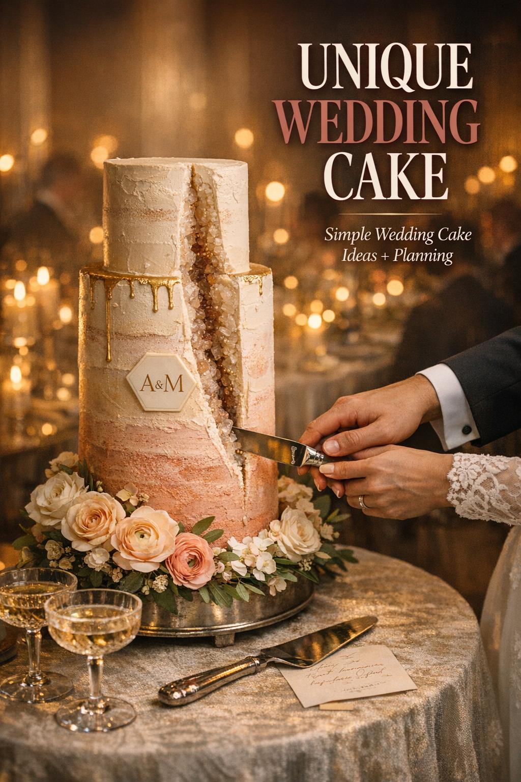 Unique wedding cake in a candlelit black-tie ballroom, buttercream ombré layers with gold drip and crystal geode slice