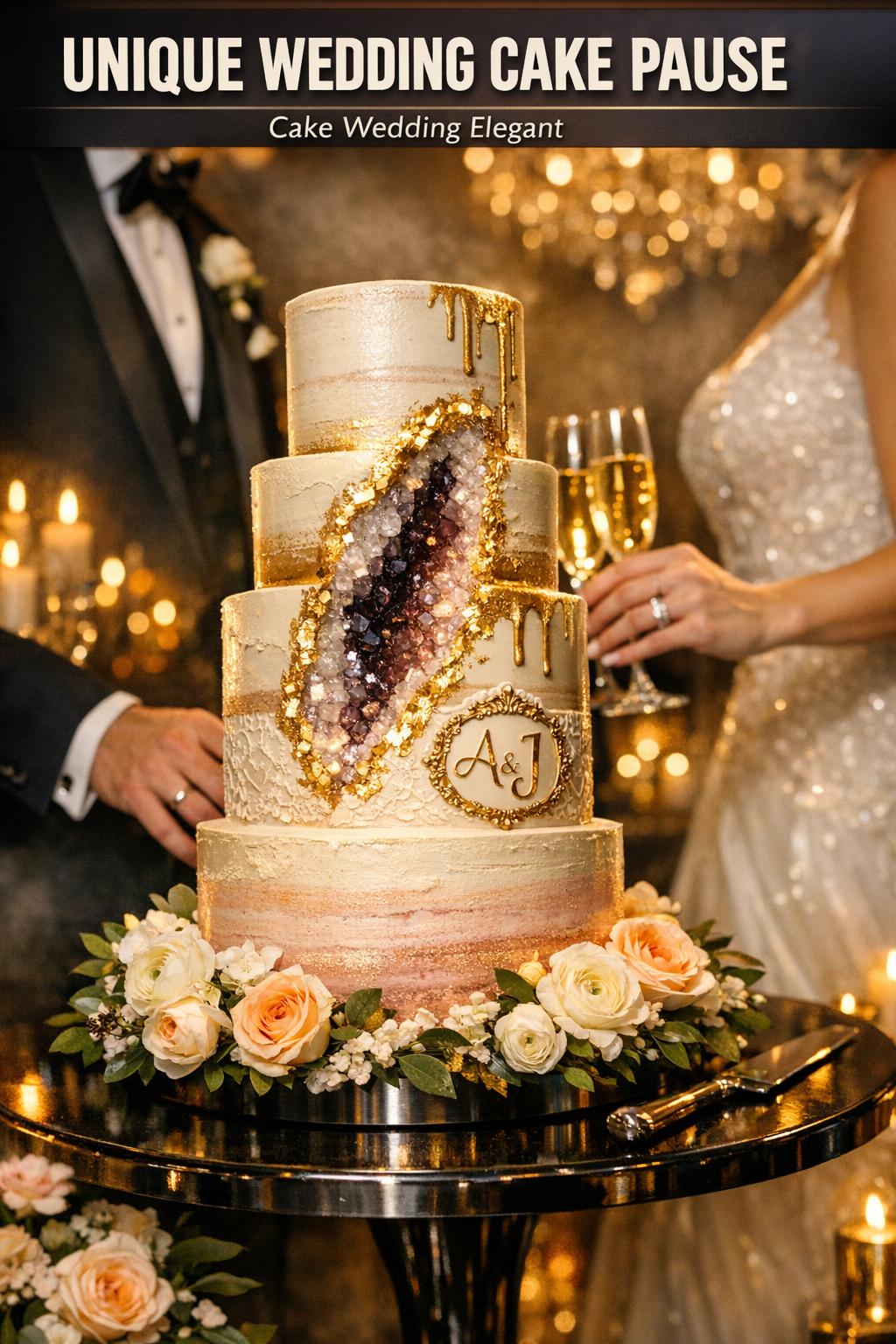 Unique wedding cake with elegant floral detailing on a white tiered design, photographed in soft natural light