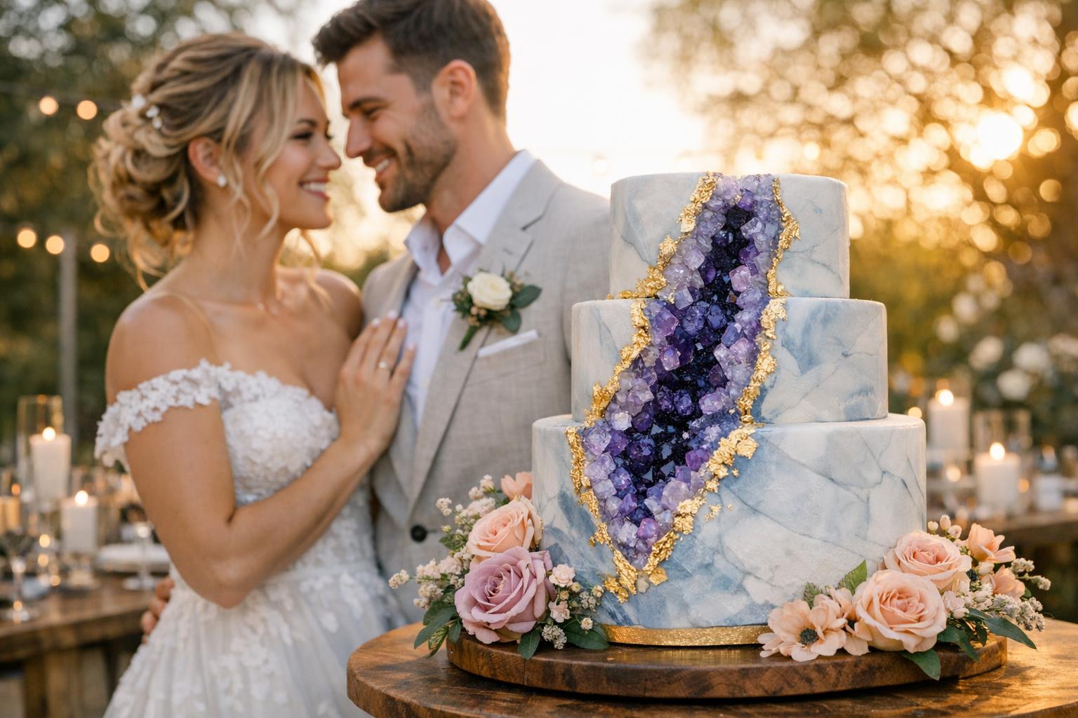 Unique wedding cake with geode crystal detail and blush florals on an elegant reception cake table