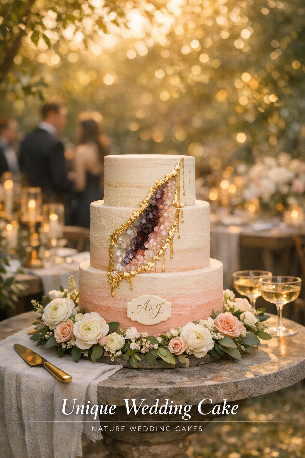 Unique wedding cake on stone pedestal with blush ombré buttercream and geode slice at golden-hour garden reception