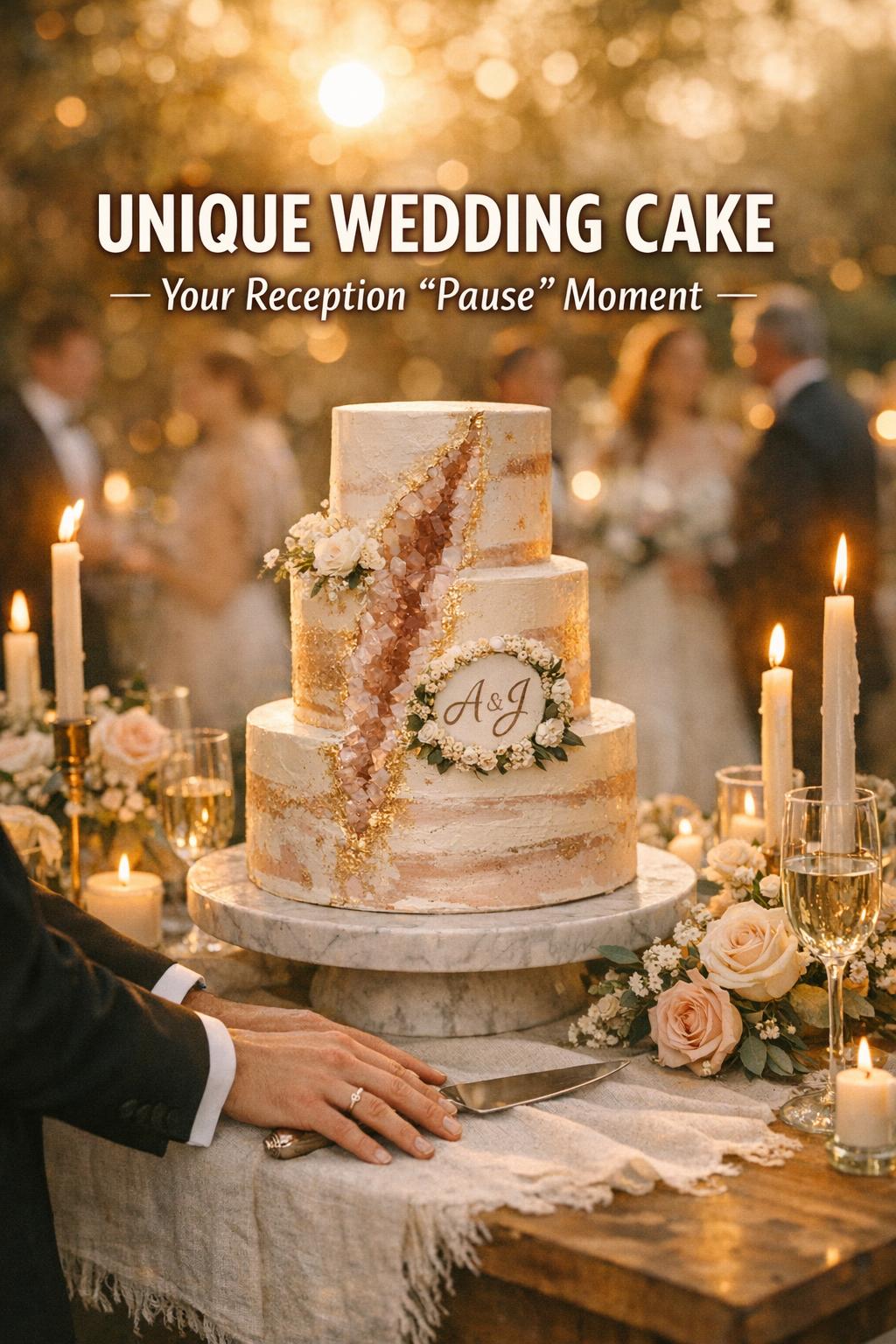 Unique wedding cake on elegant table at golden hour, with candles and couple’s hands near the cake knife in soft bokeh.