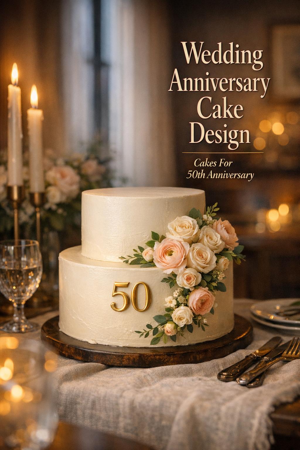 Wedding anniversary cake design with elegant two-tier ivory buttercream cake, gold 50 topper, and candlelit table setting