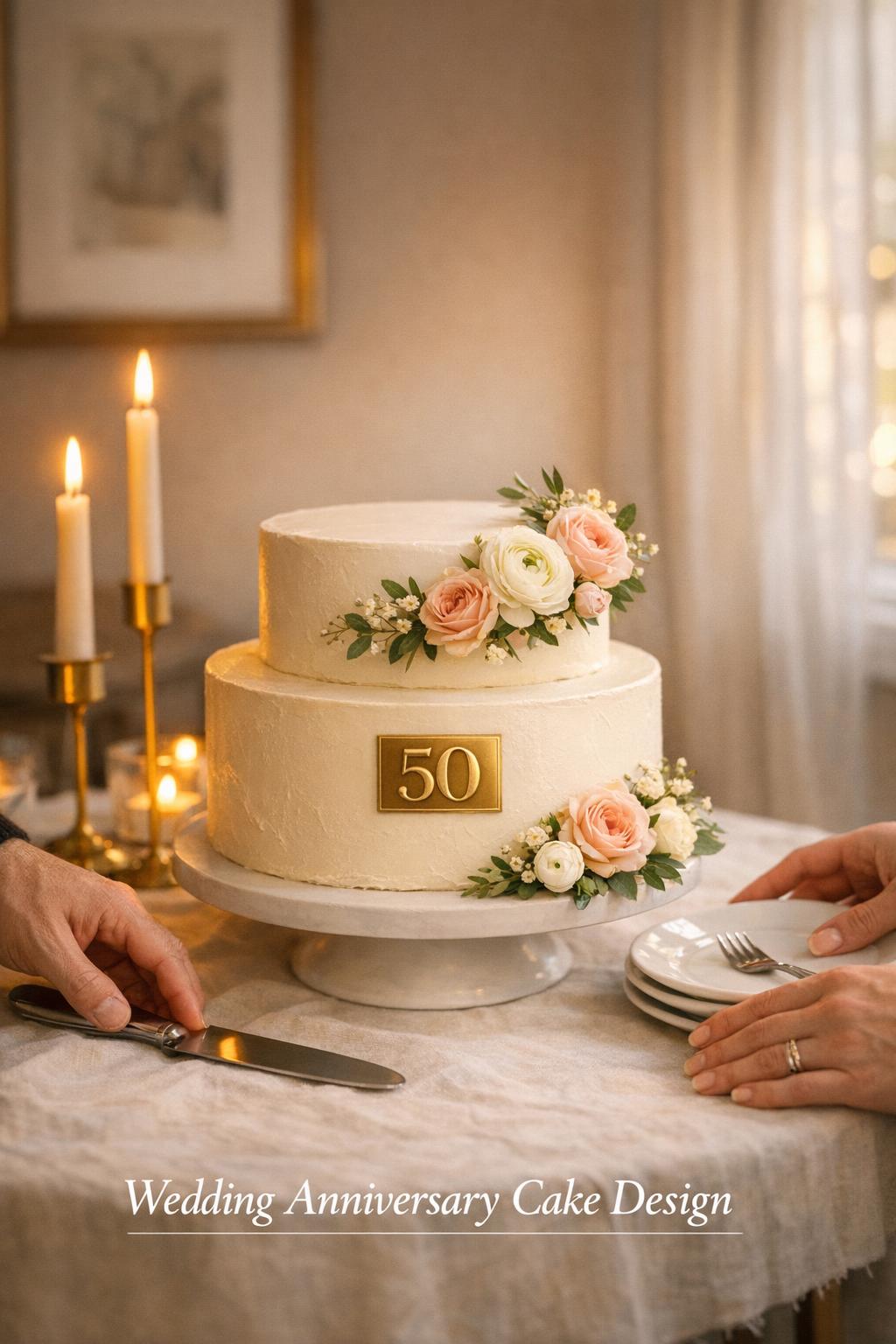 Wedding anniversary cake design with ivory two-tier cake, gold 50 plaque, garden florals and candlelit dinner table