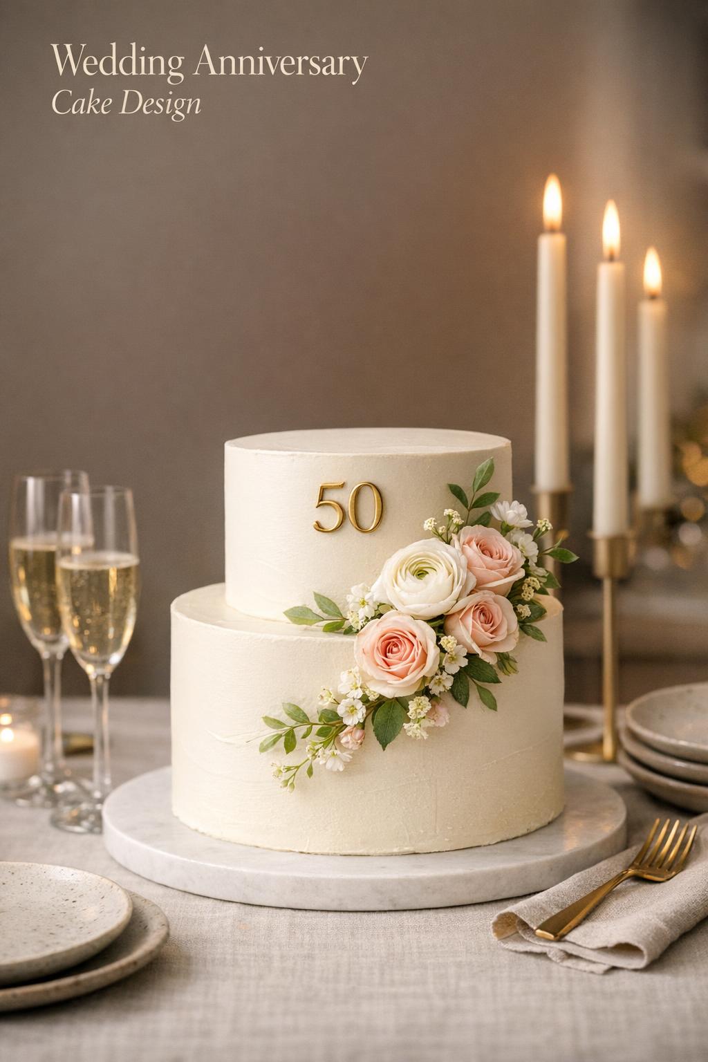 Wedding anniversary cake design with ivory two-tier cake, gold 50 topper, and blush florals on a candlelit tablescape