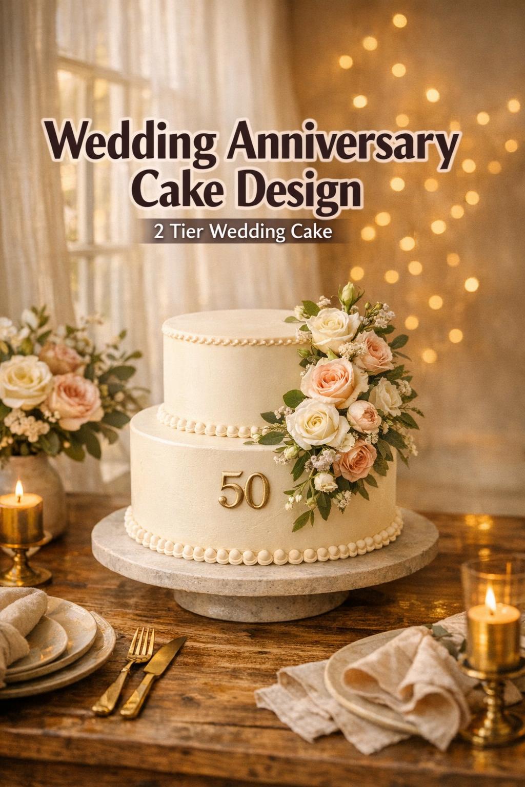 Wedding anniversary cake design on two-tier ivory cake with blush florals and subtle 50 topper on a cozy golden-hour table