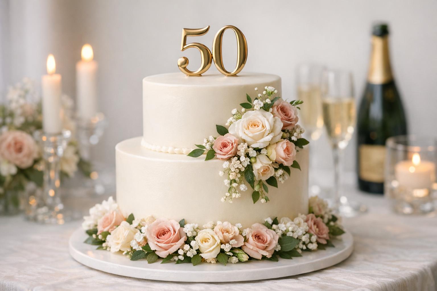 Wedding anniversary cake design with two tiers, smooth ivory frosting and soft floral accents on an elegant cake stand