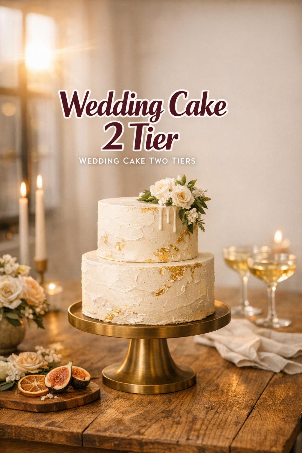 Wedding cake 2 tier on a brass pedestal at an intimate golden-hour reception table with candles, champagne coupes, and florals