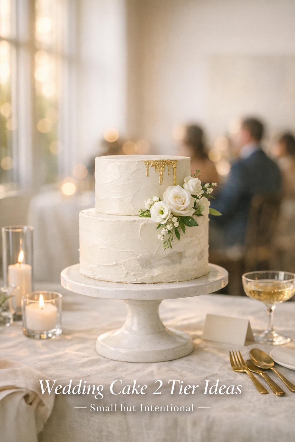 Wedding cake 2 tier on white pedestal with textured buttercream, gold drip and white blooms in a bright micro wedding reception