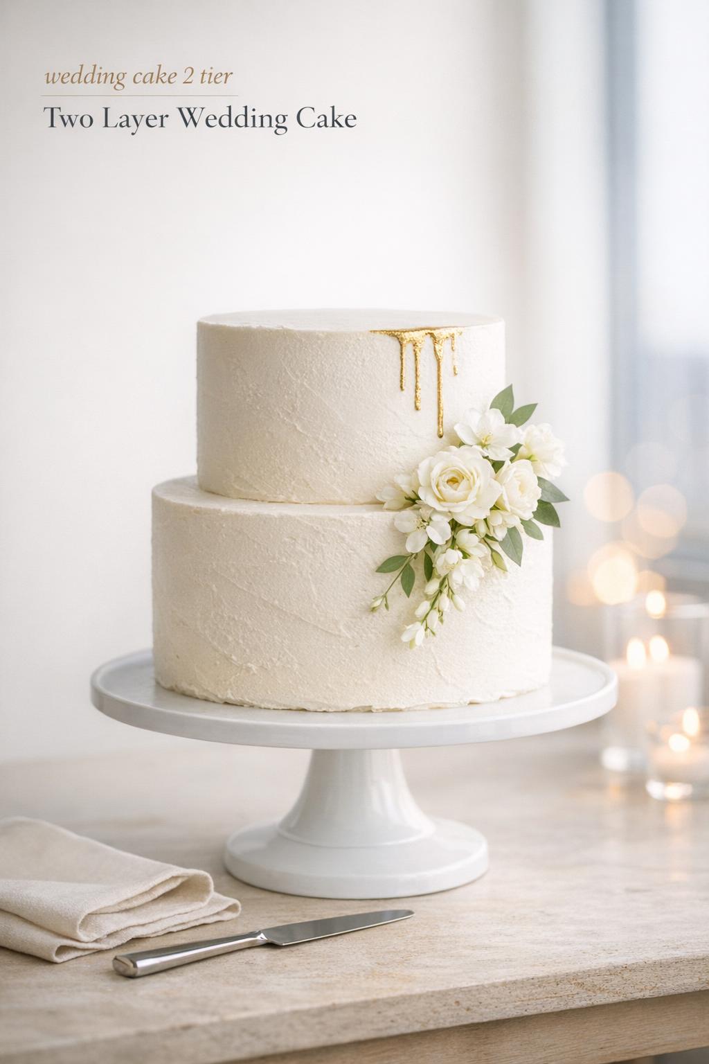 Wedding cake 2 tier on pedestal with gold drip and white floral cascade, minimalist reception centerpiece in natural light