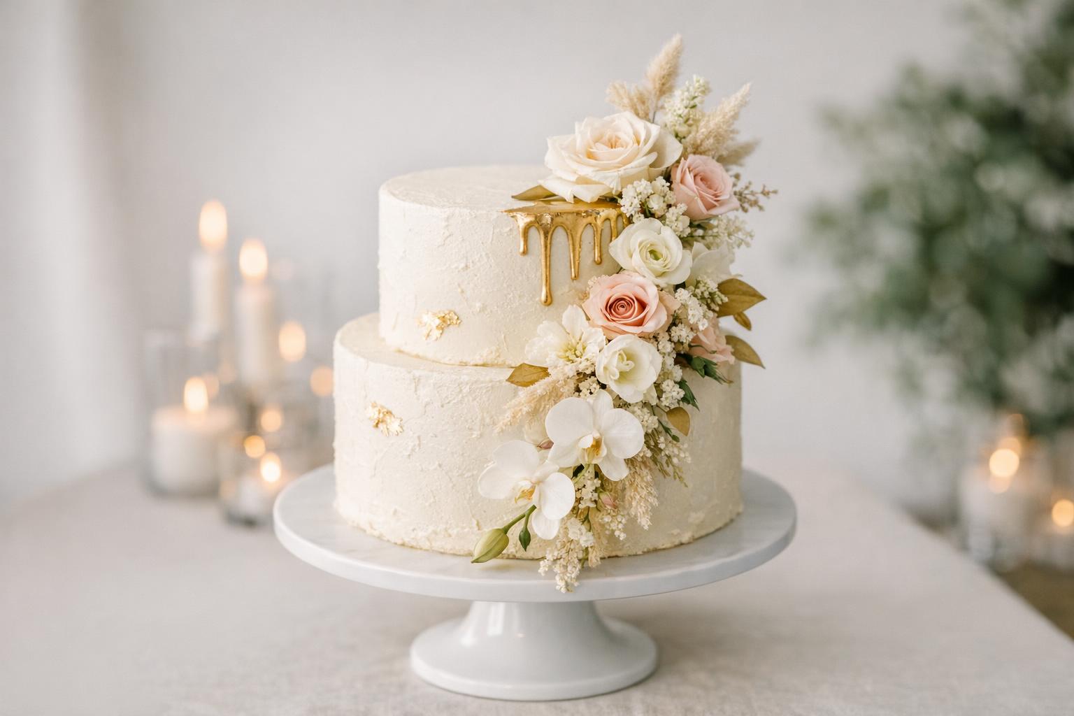Wedding cake 2 tier with textured white buttercream on a pedestal stand, styled for an intimate modern reception