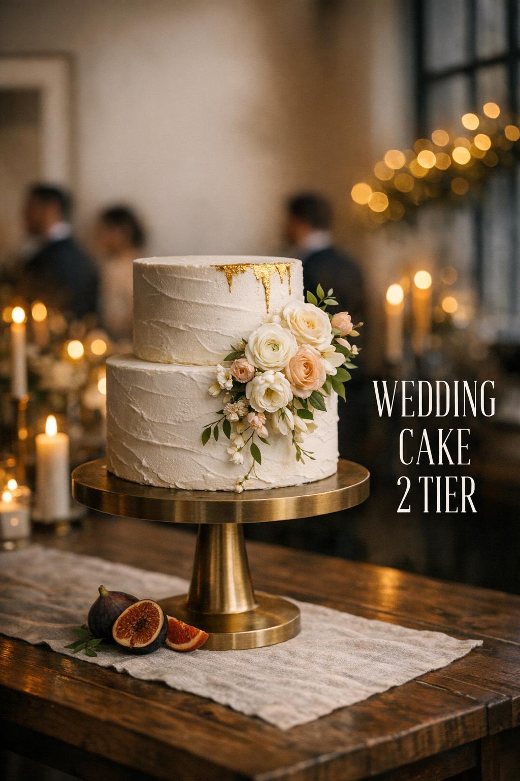 Wedding cake 2 tier on brass pedestal with white buttercream, gold drip, and flowers in moody candlelit reception