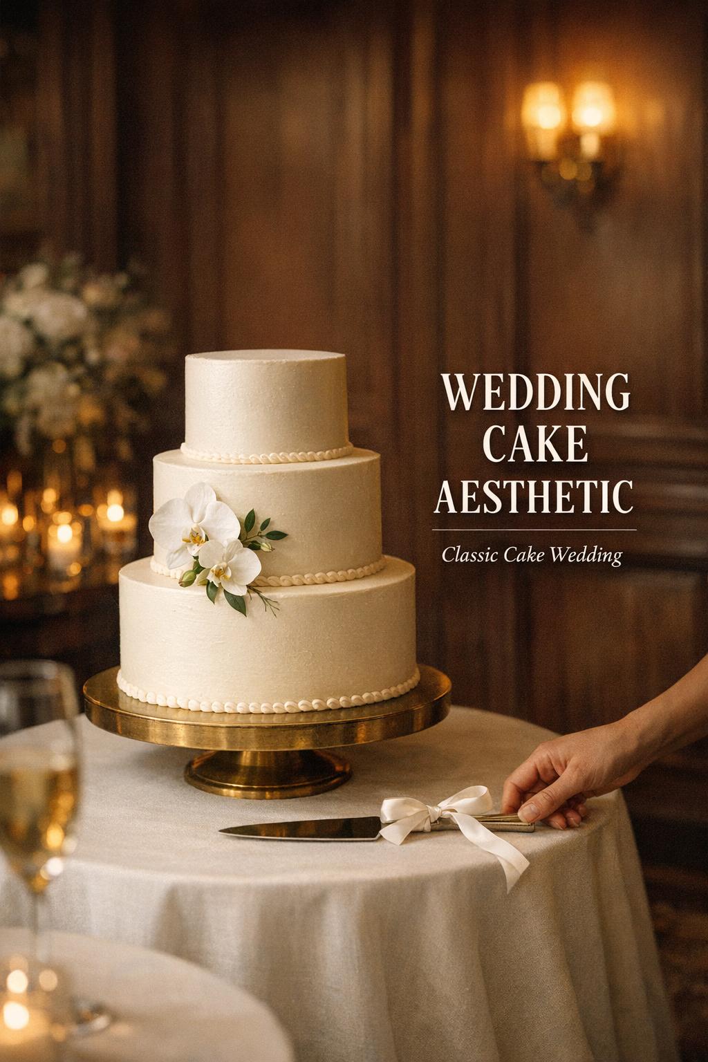Wedding cake aesthetic in candlelit reception room with ivory three-tier cake on brass stand, dark wood backdrop and bokeh