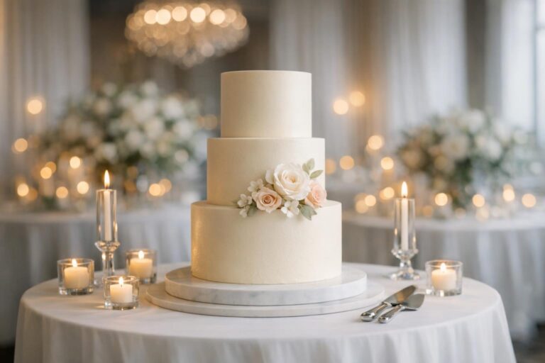 Wedding cake aesthetic with a medium classic tiered cake and vintage piping on a styled reception table