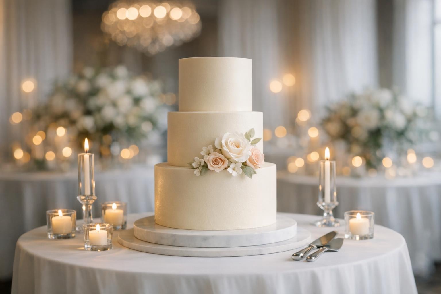 Wedding cake aesthetic with a medium classic tiered cake and vintage piping on a styled reception table