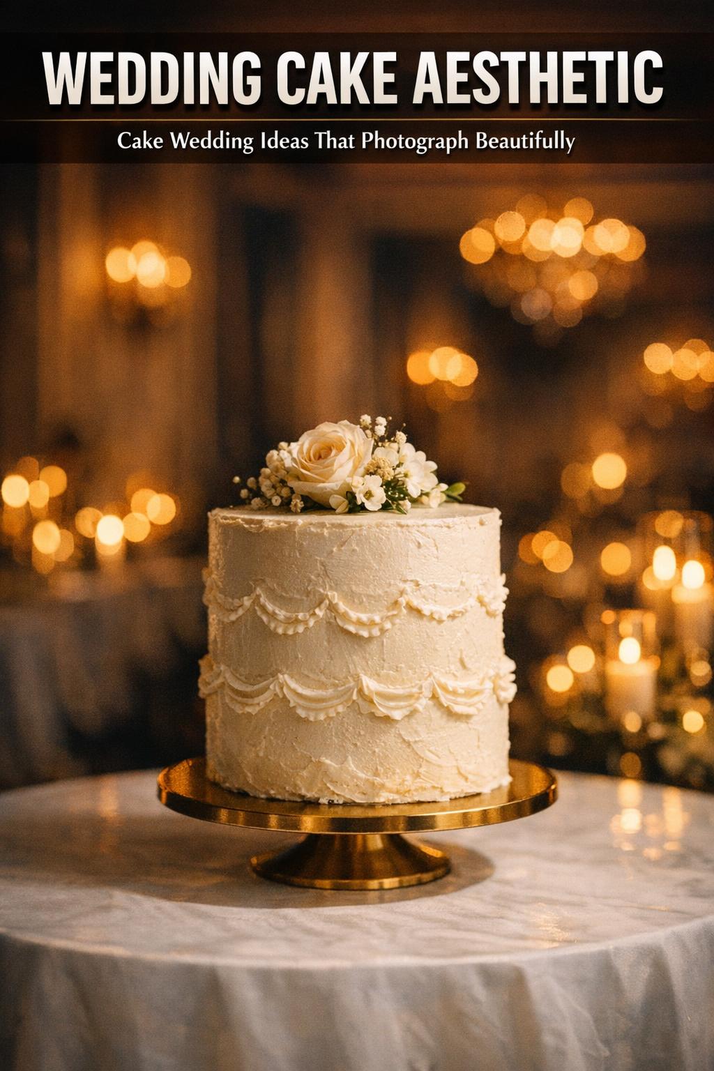 Wedding cake aesthetic in a bright reception setting with elegant tiers, delicate frosting details, and fresh floral accents