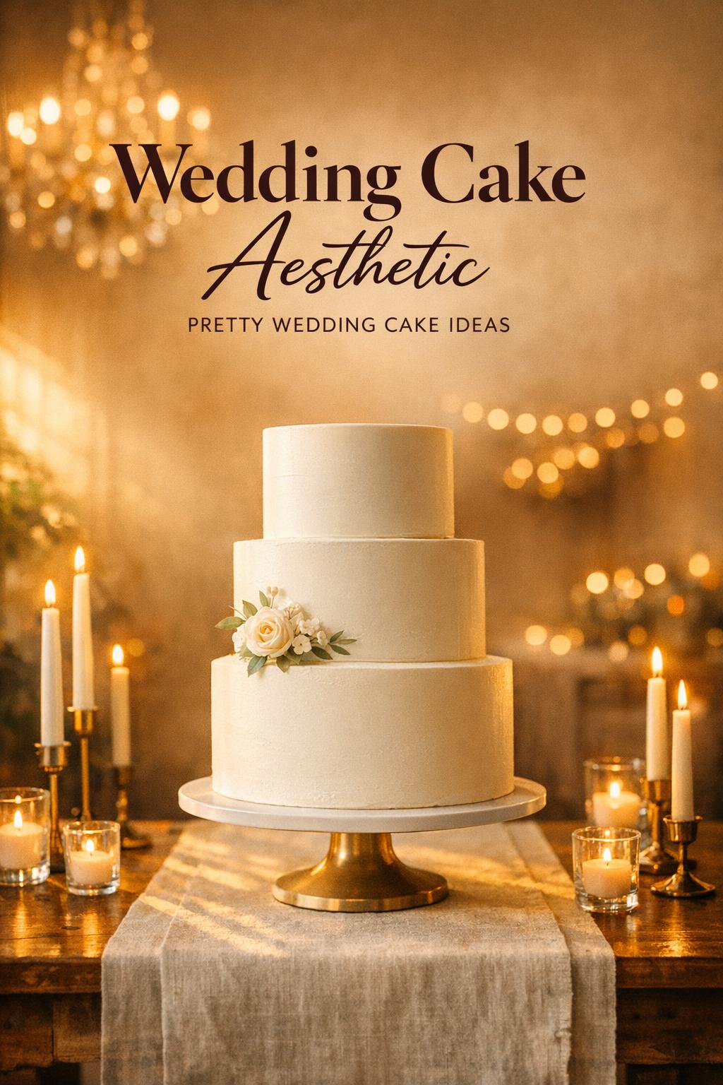 Wedding cake aesthetic with a tall three-tier buttercream cake on a candlelit table in warm golden-hour reception light