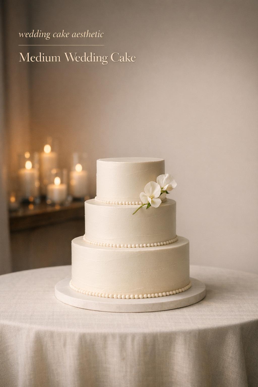 Wedding cake aesthetic on an ivory linen cake table with candlelit bokeh in a minimalist modern reception setting