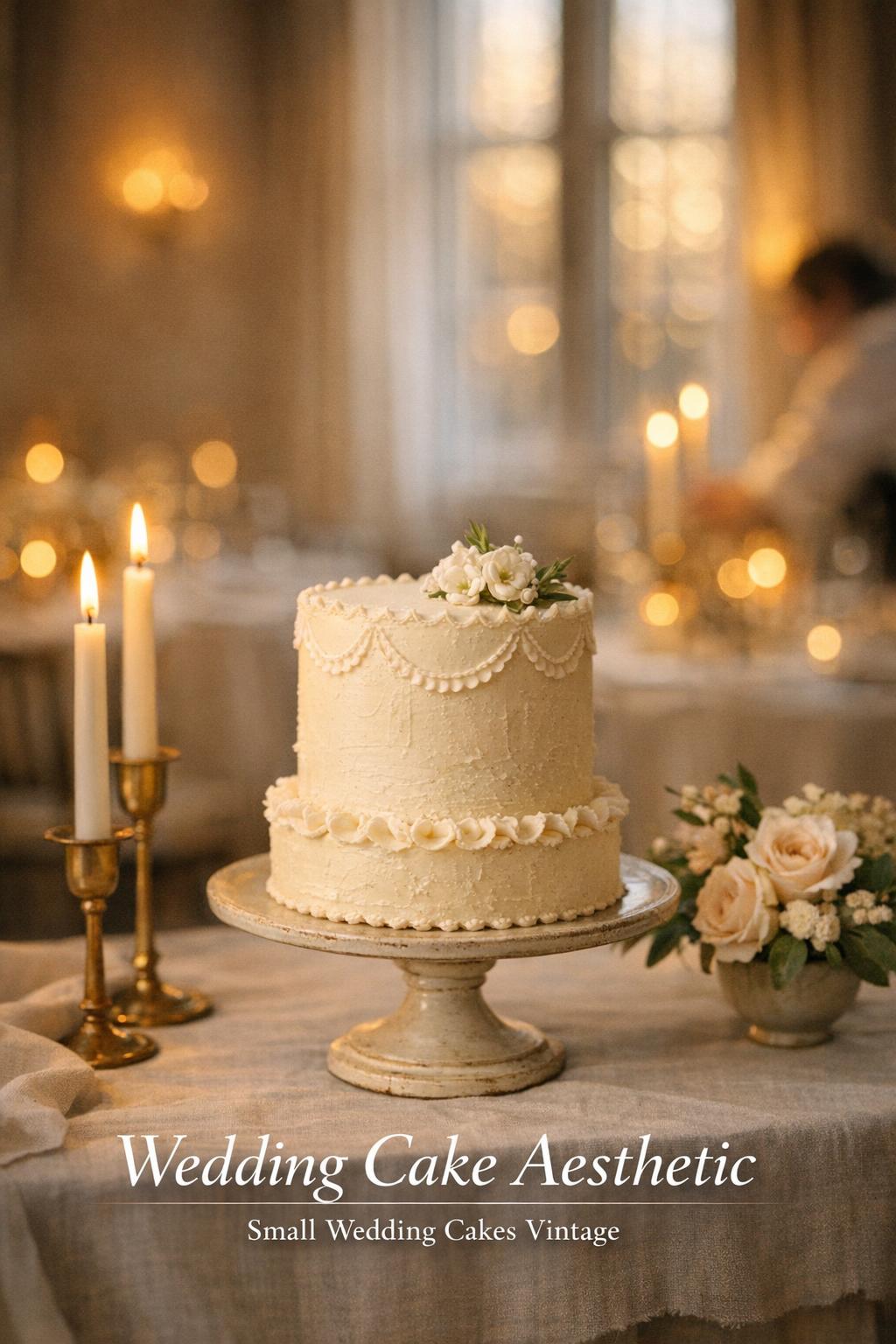 Wedding cake aesthetic on a vintage stand at an intimate candlelit reception, softly lit with golden-hour glow.