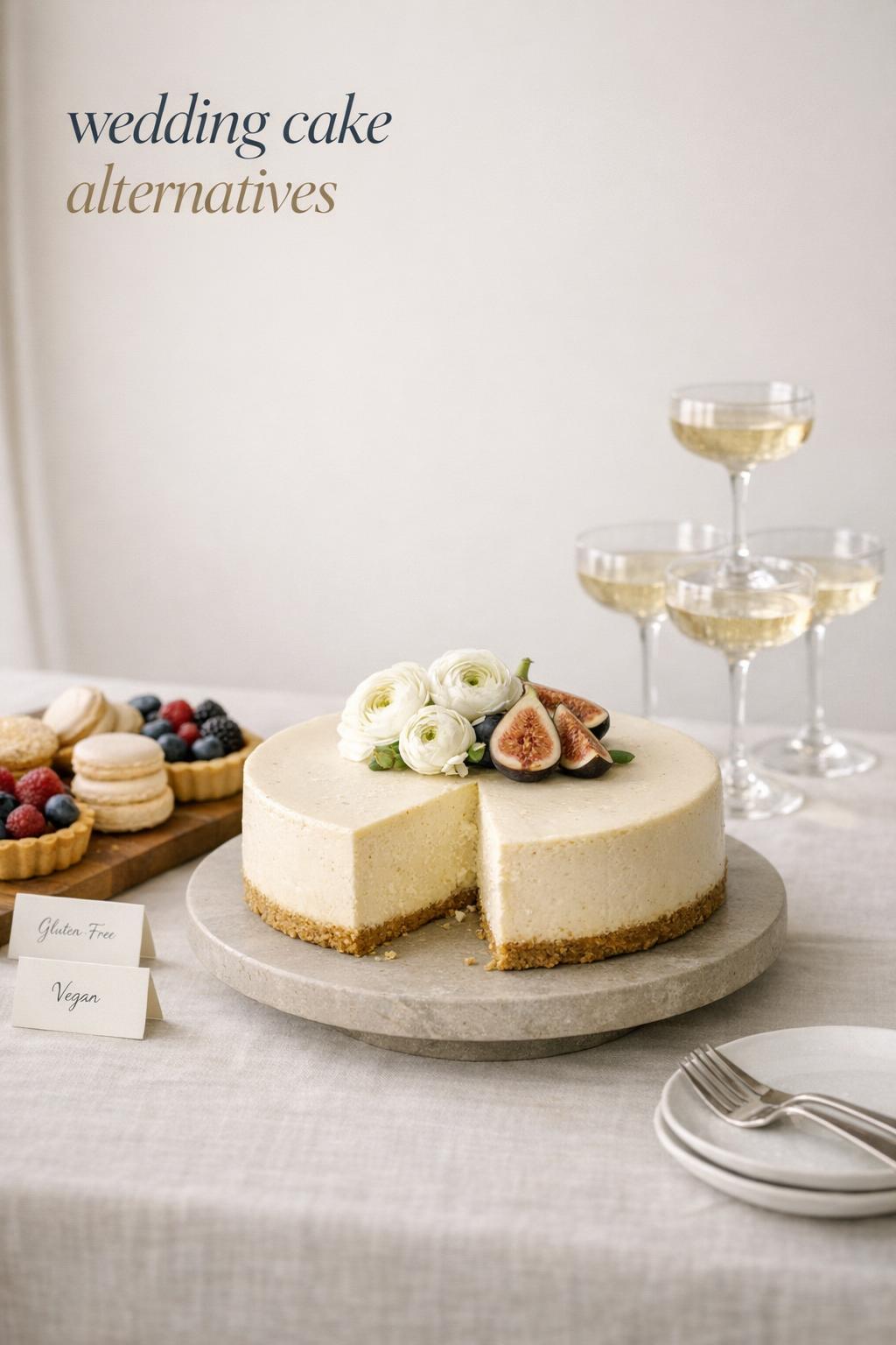 Wedding cake alternatives: minimalist cheesecake wedding cake with figs, ranunculus, and curated desserts on linen table
