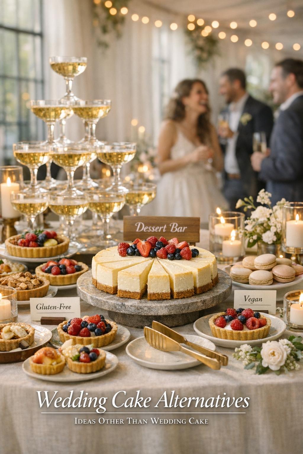 Wedding cake alternatives with a modern dessert grazing table, champagne tower, and airy golden-hour wedding reception.