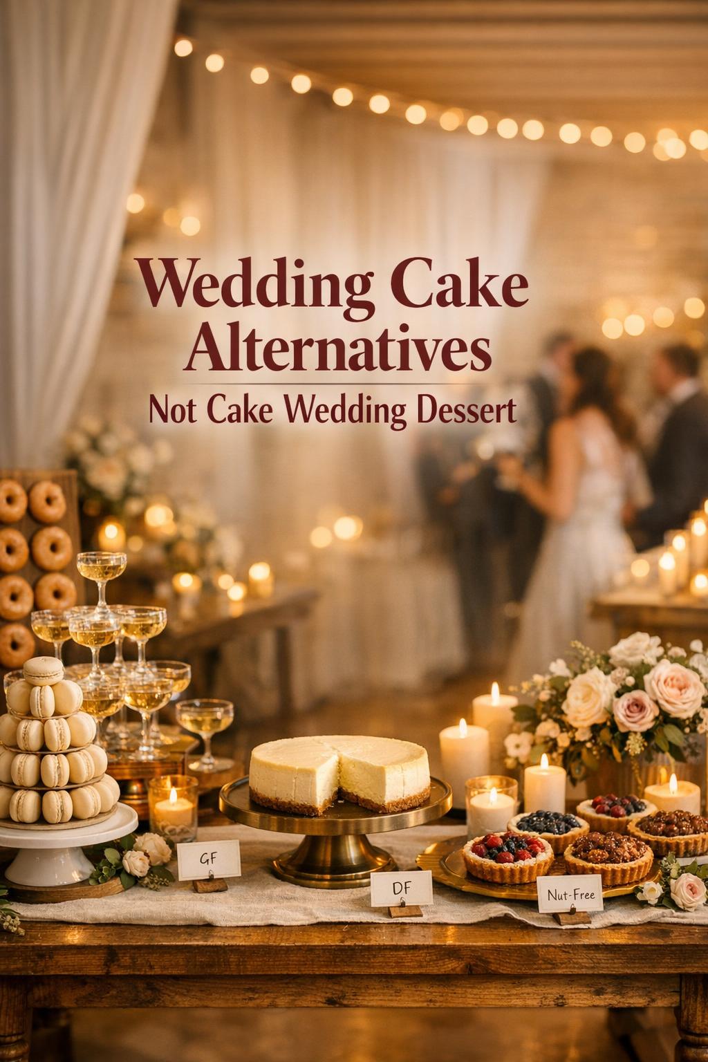 Wedding cake alternatives dessert grazing table with macaron tower, cheesecake, fruit tarts, donut wall and champagne tower