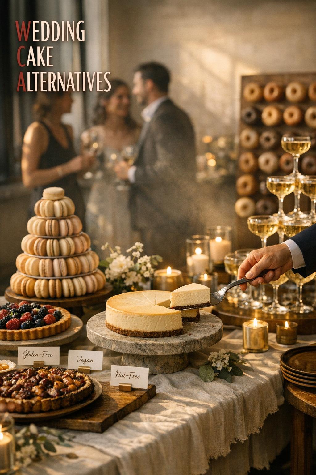 Wedding cake alternatives dessert table with cheesecake, macarons, donuts, and champagne tower in a modern loft reception.