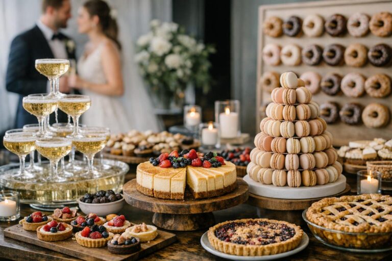 Wedding cake alternatives displayed on a chic dessert table with macarons, mini pastries, donuts, and pies at a reception