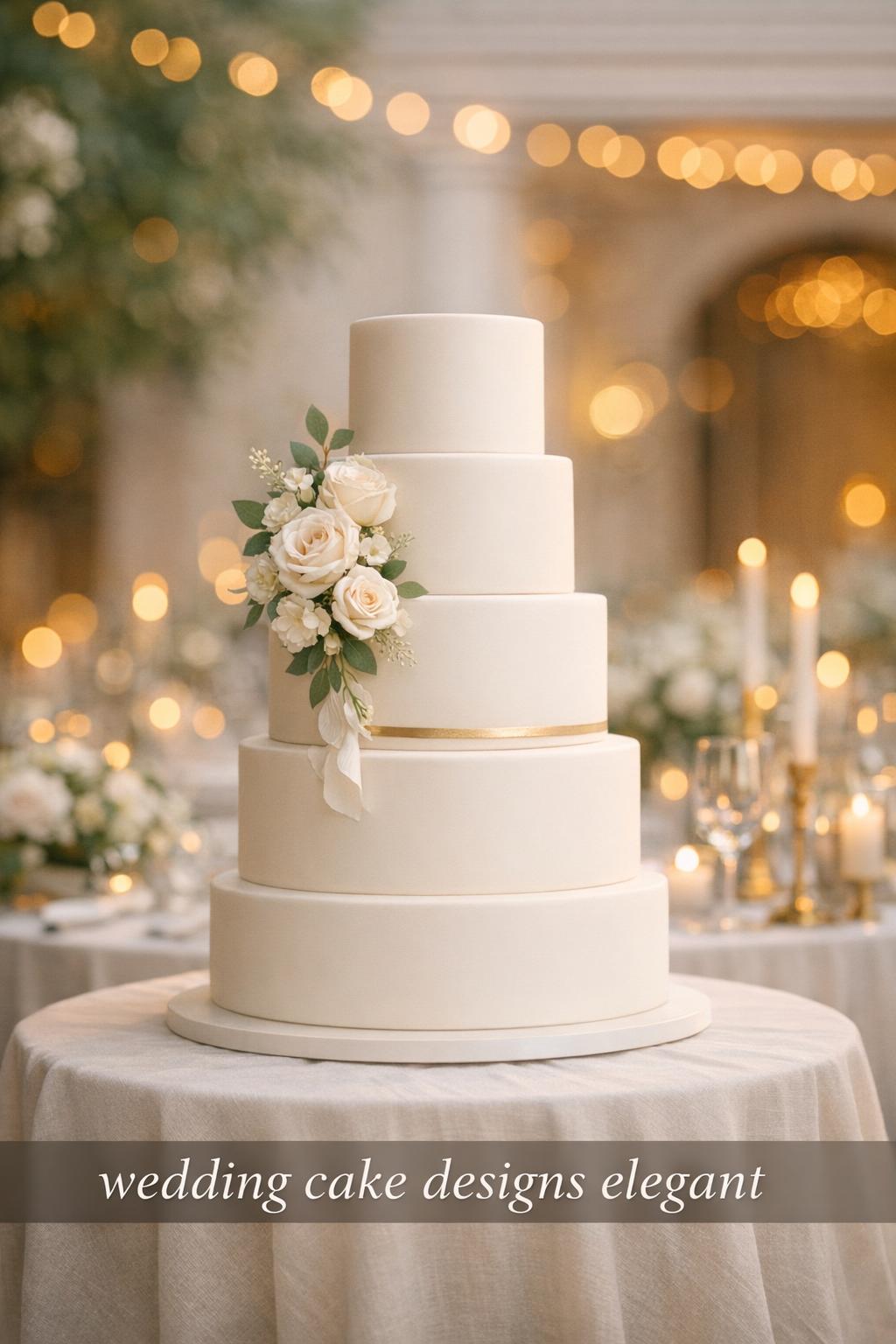 Elegant couture wedding cake on linen table with candlelit reception bokeh, wedding cake designs elegant text overlay