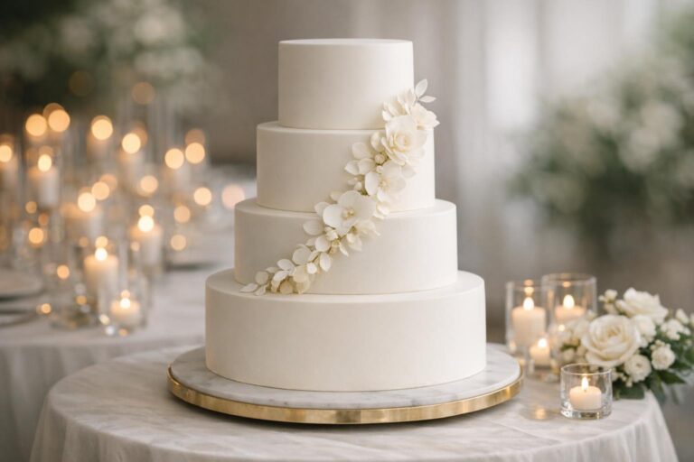 Wedding cake designs elegant with white tiered buttercream, whisper-soft texture, and a minimal floral accent