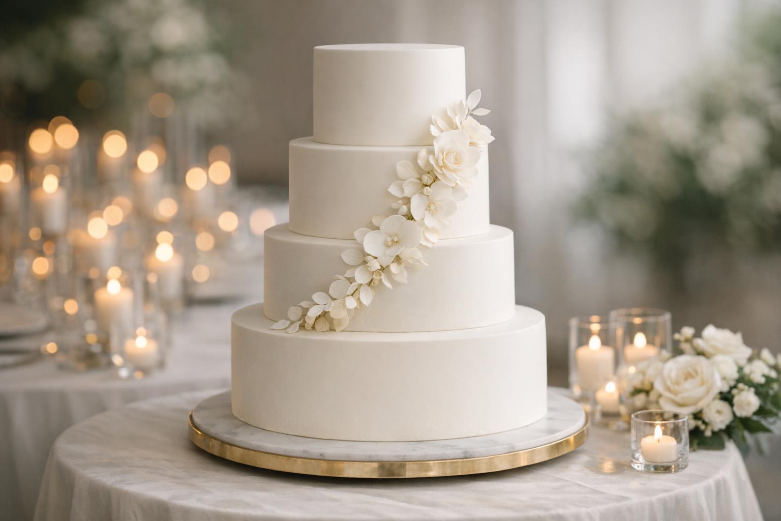 Wedding cake designs elegant with white tiered buttercream, whisper-soft texture, and a minimal floral accent