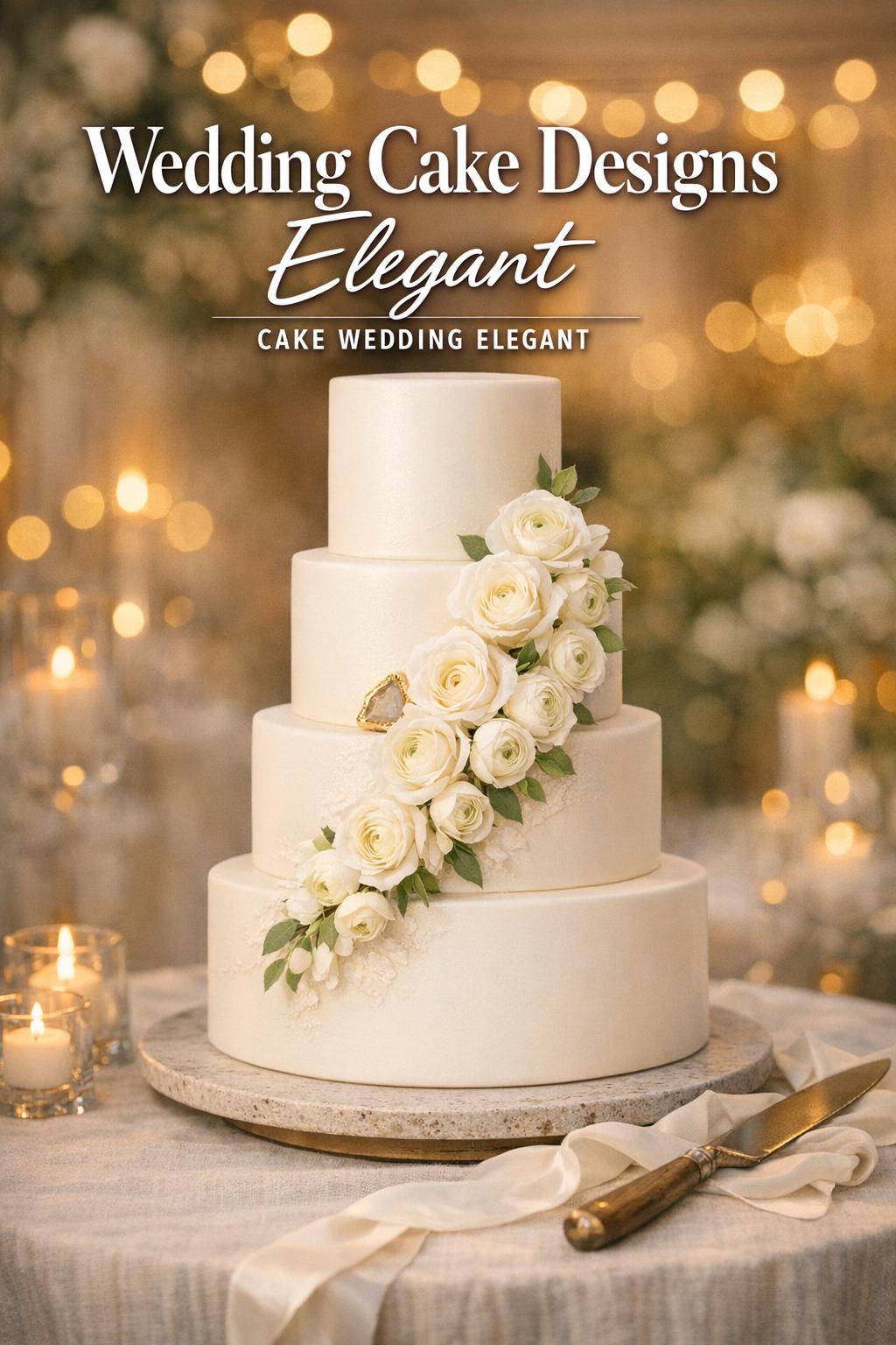 Wedding cake designs elegant on a four-tier ivory cake with white roses, candlelit reception table and warm bokeh lights
