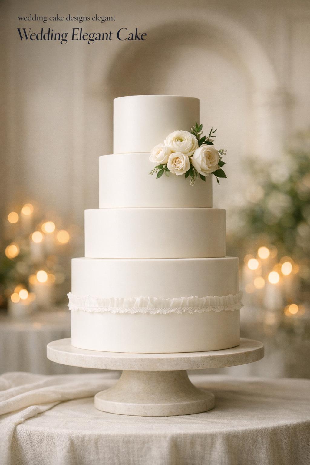wedding cake designs elegant on a four-tier ivory fondant cake centerpiece in candlelit editorial setting