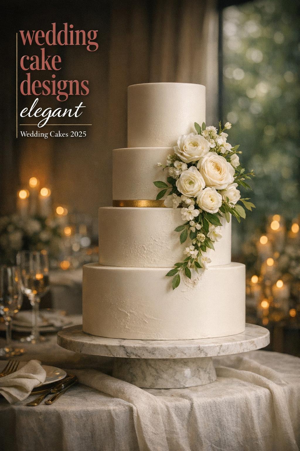 wedding cake designs elegant four-tier ivory couture cake with white roses, candlelit ballroom reception and soft window light