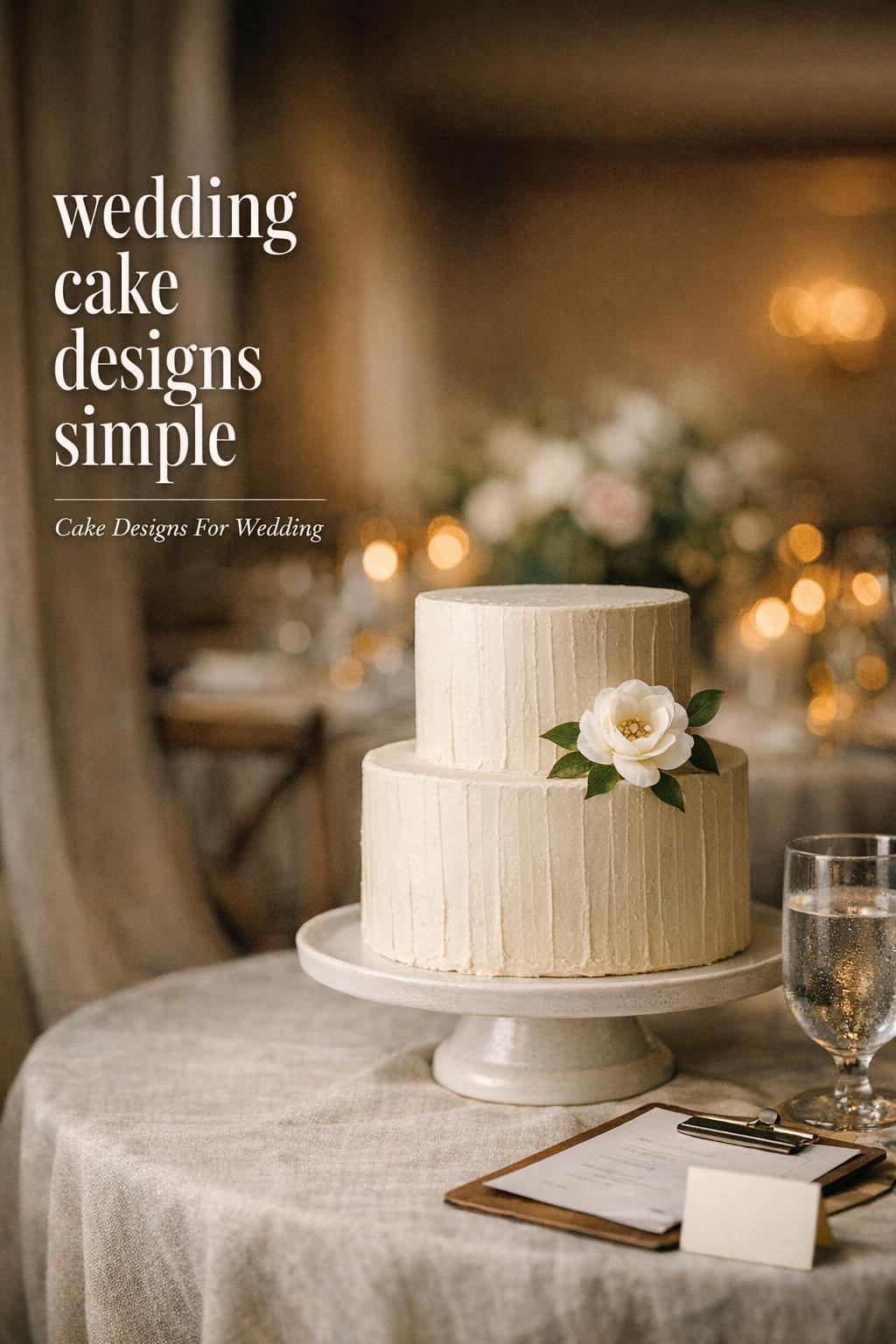 Wedding cake designs simple: modern ivory buttercream tiered cake on linen table with candles in a moody reception setting