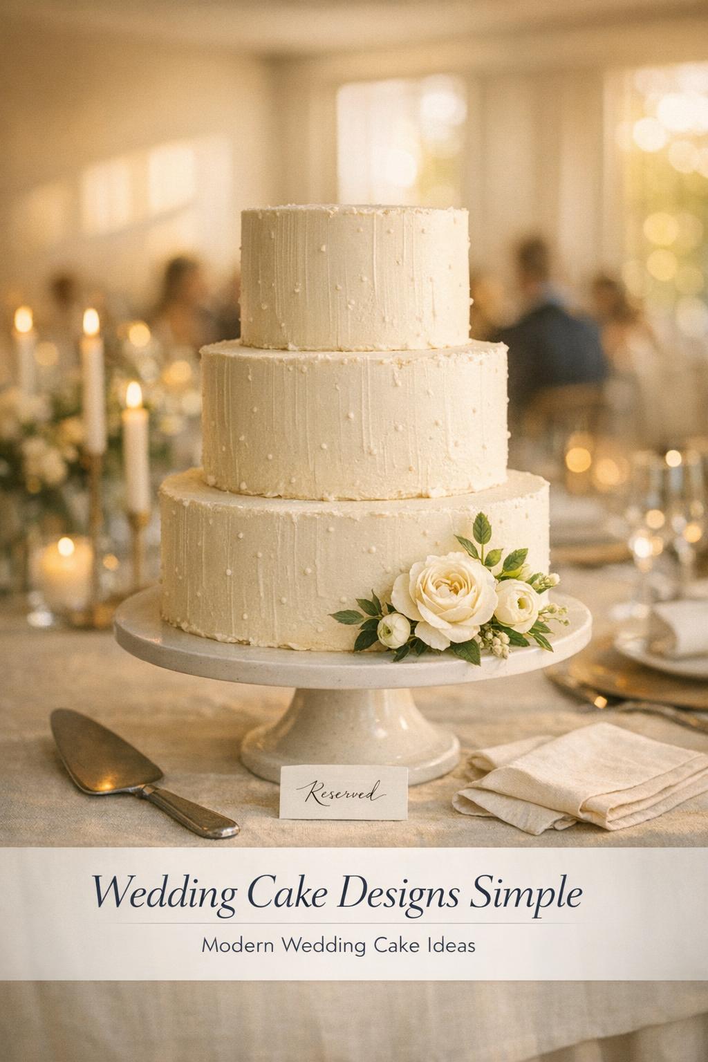 Wedding cake designs simple: modern three-tier ivory buttercream cake with minimal white blooms in warm reception light