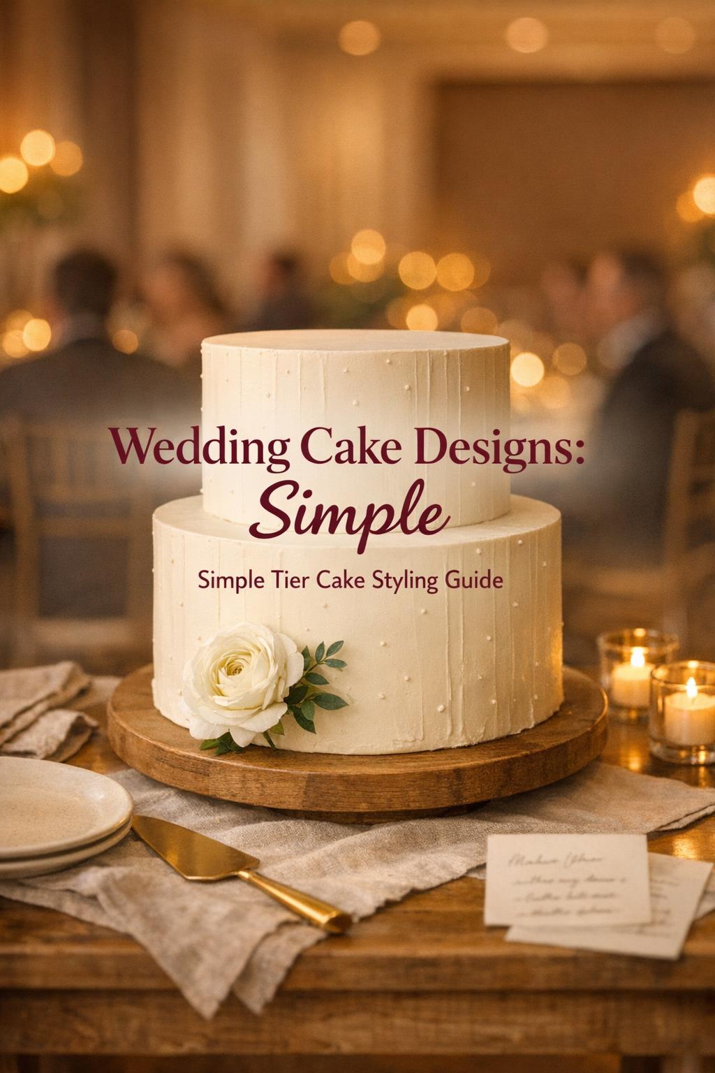 Wedding cake designs simple two-tier ivory buttercream cake on linen table in warm golden-hour reception with bokeh lights