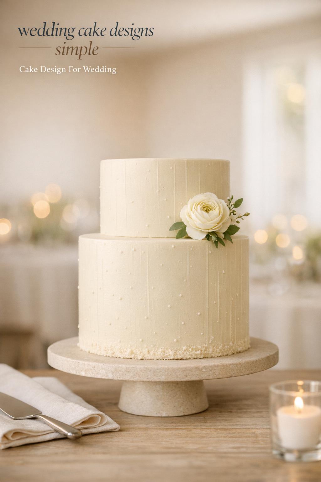 Wedding cake designs simple two-tier ivory cake with minimal ranunculus in a bright modern reception setting