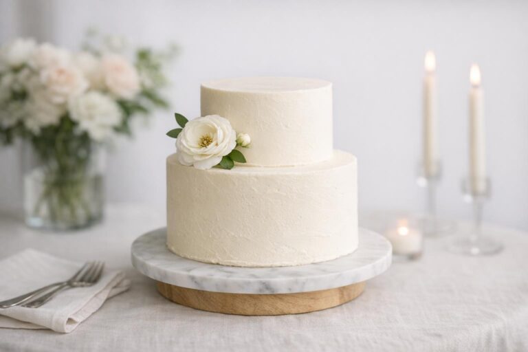 Wedding cake designs simple in white buttercream with subtle texture and a small floral accent on a modern cake table