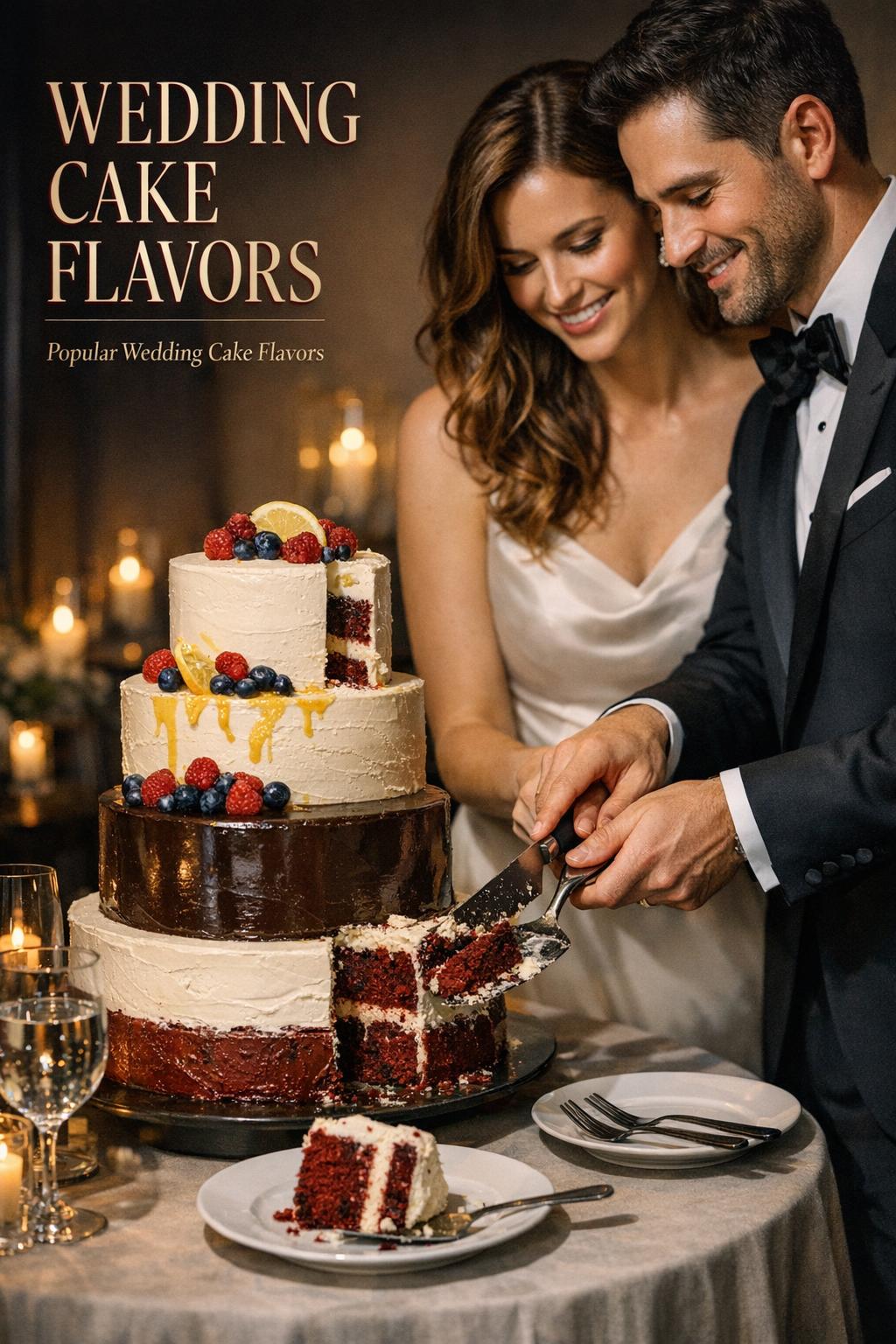 Wedding cake flavors showcased in a luxury black-tie reception cake-cutting scene with multi-tier cake and candlelit table.