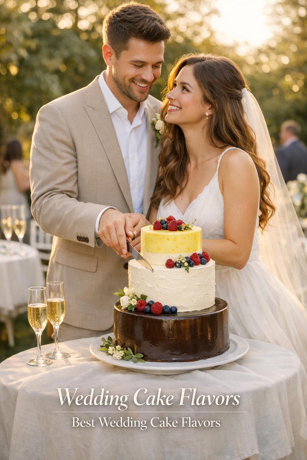 Wedding cake flavors text overlay as bride and groom cut a three-tier cake at a sunlit garden reception