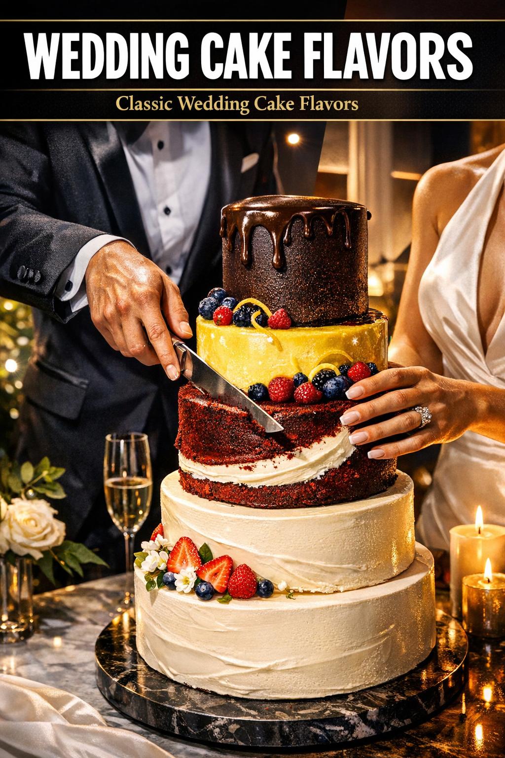 Wedding cake flavors displayed on a rustic dessert table with elegant frosting and fresh flowers