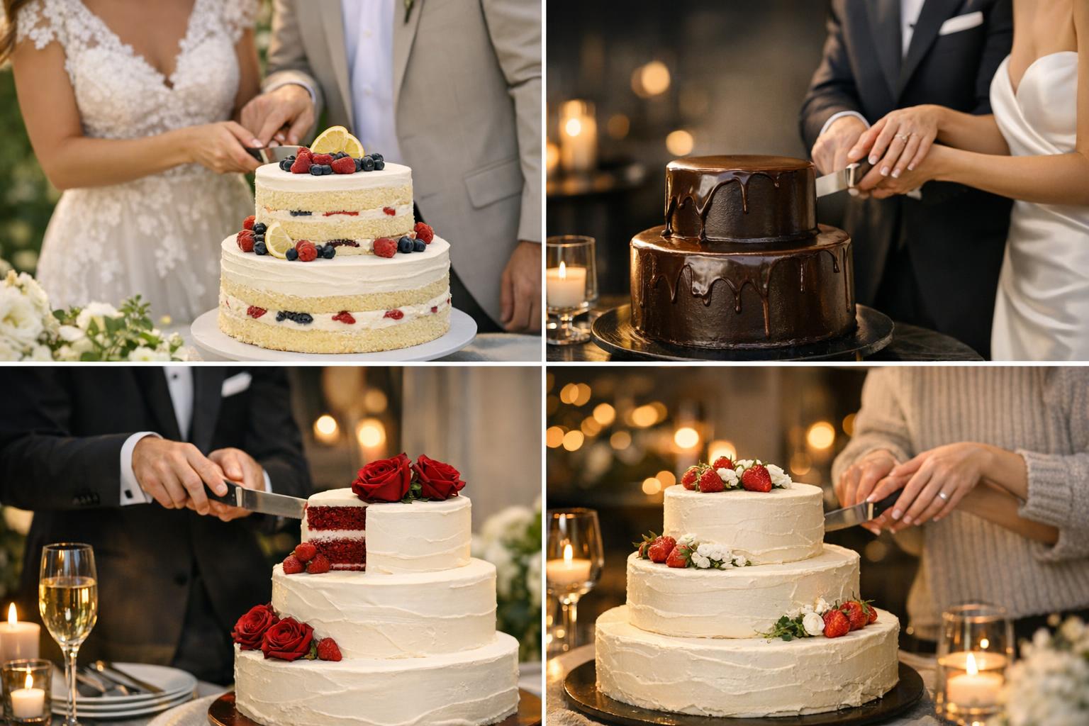 Elegant tiered wedding cake flavors display with vanilla, chocolate, lemon, and red velvet slices on a styled table