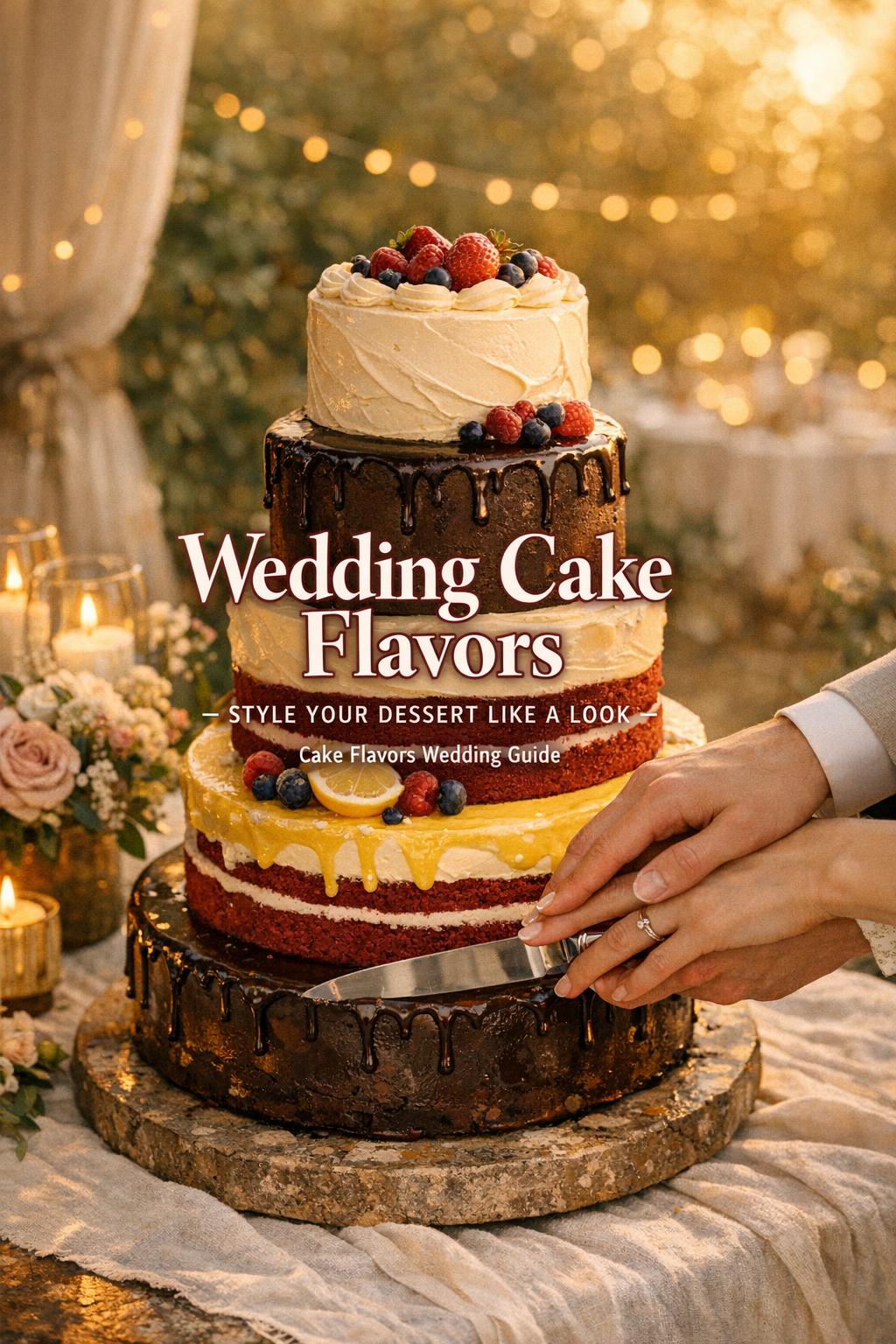 Wedding cake flavors guide with couple cutting a 3-tier cake in golden-hour garden reception scene