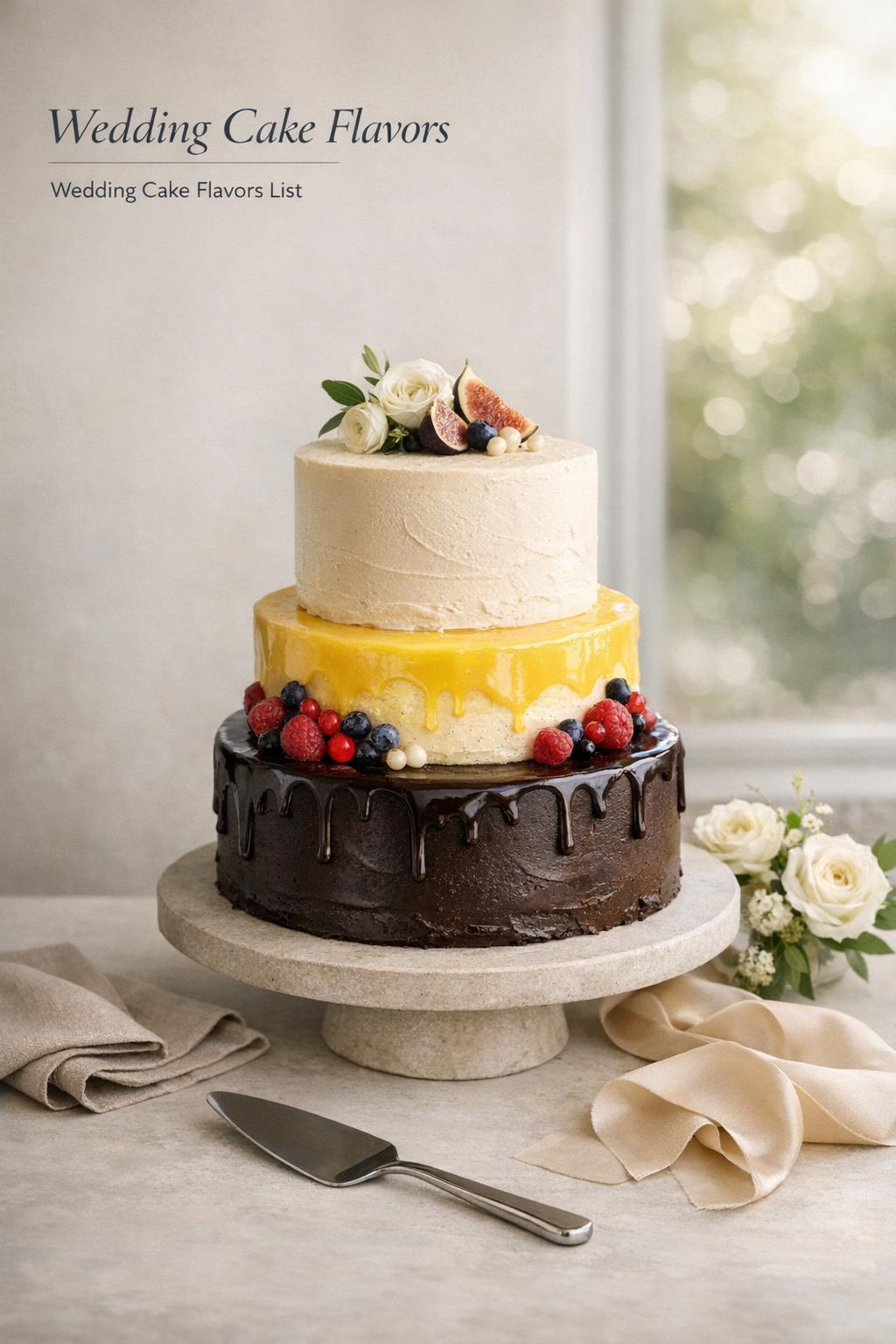 Wedding cake flavors styled on an elegant tiered cake with chocolate ganache, lemon berries, and vanilla buttercream