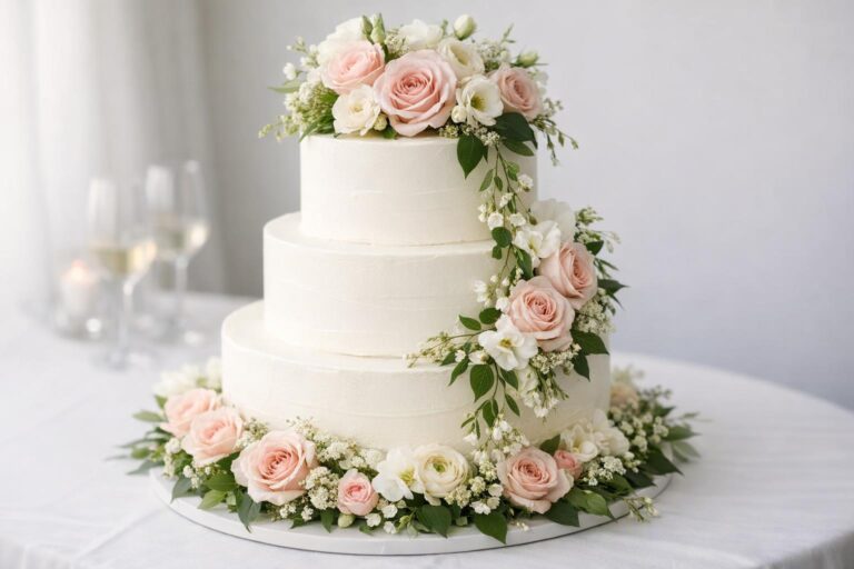 Elegant three-tier buttercream cake with wedding cake flowers in soft blush and greenery, styled for editorial photos