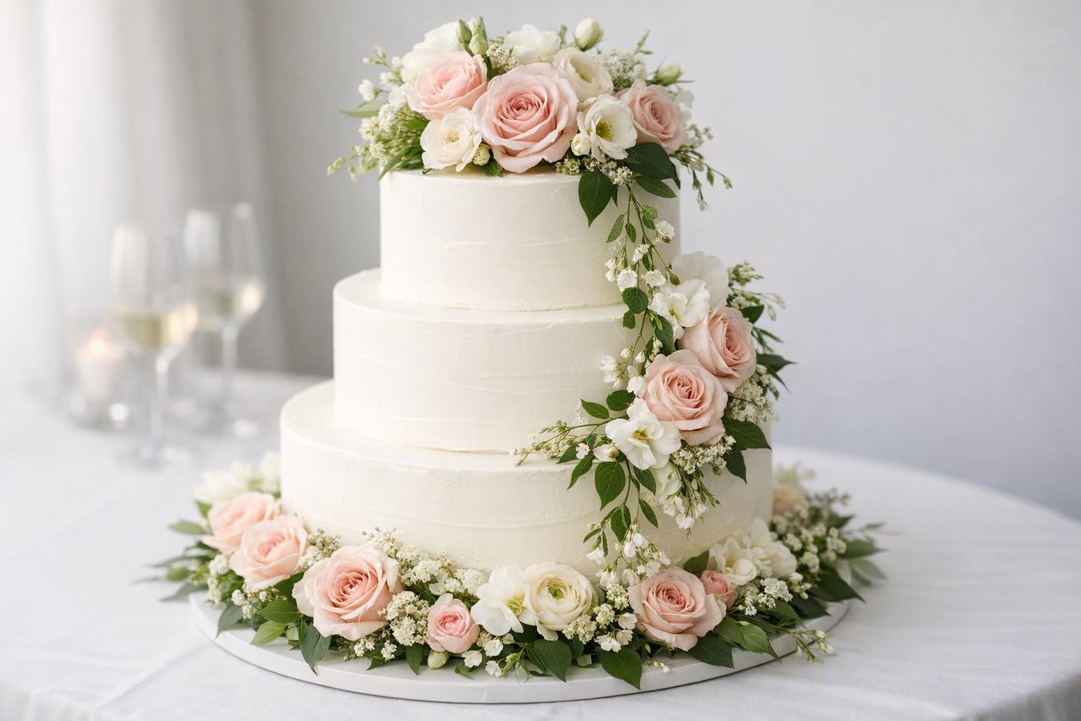 Elegant three-tier buttercream cake with wedding cake flowers in soft blush and greenery, styled for editorial photos