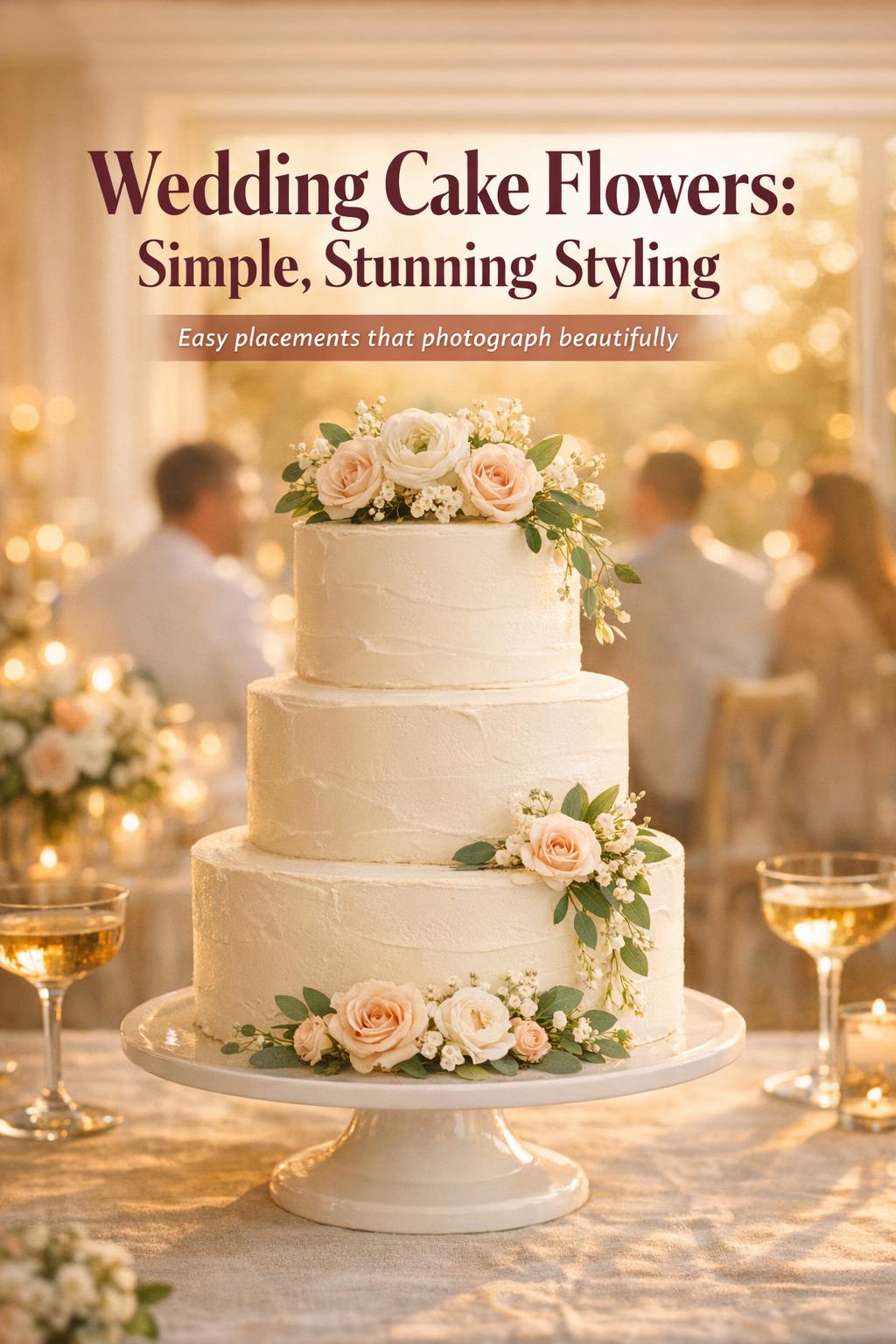 Elegant three-tier white buttercream cake with wedding cake flowers in warm golden-hour reception, soft candlelight bokeh