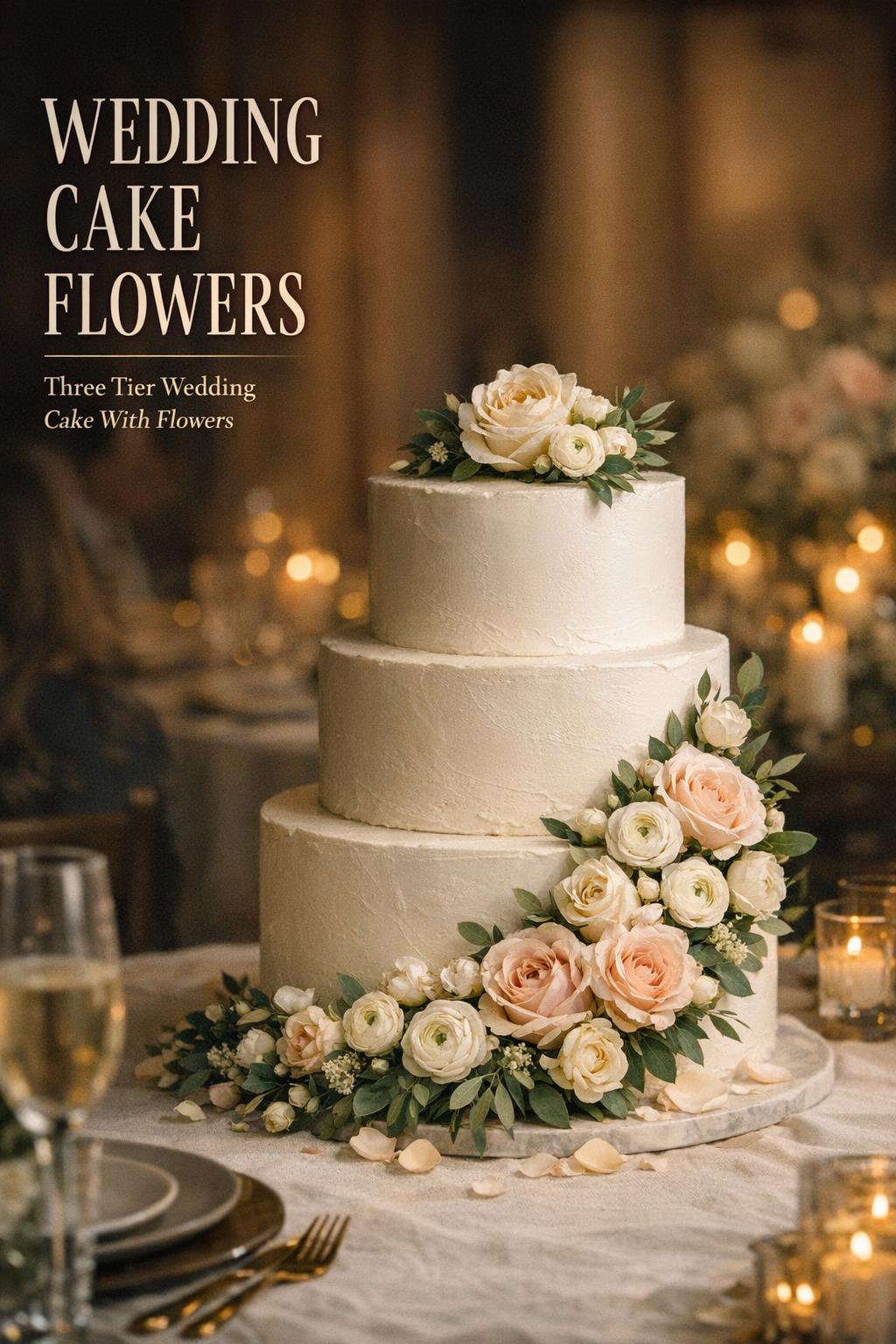 Wedding cake flowers on a three-tier white buttercream cake at a moody reception table with candlelight and elegant decor