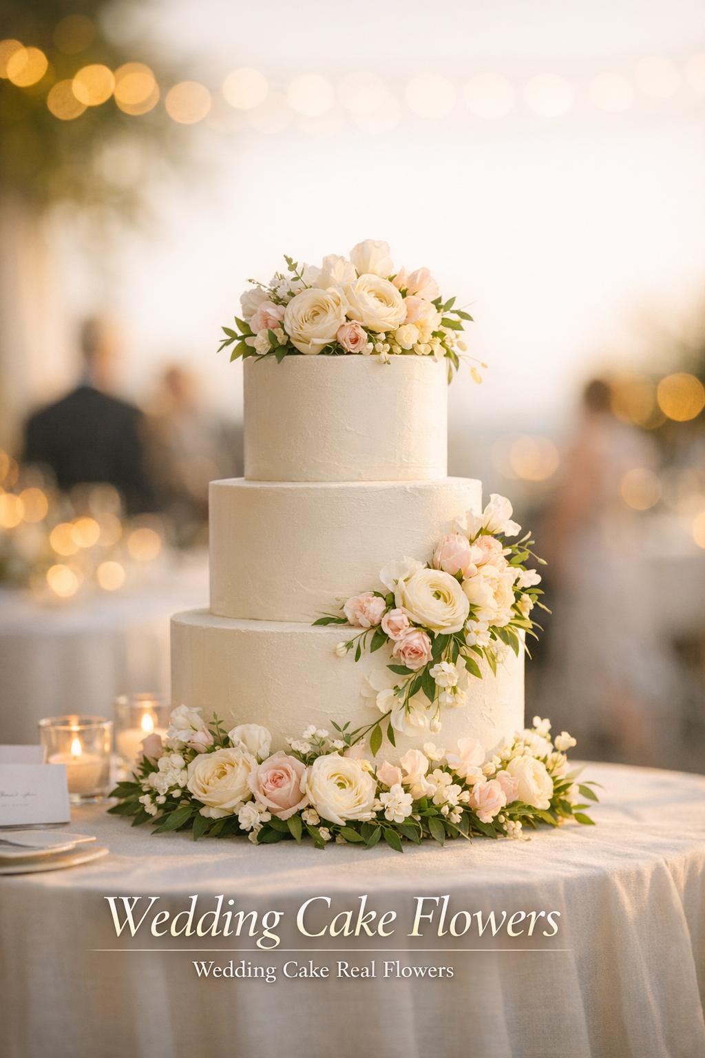 Wedding cake flowers on a three-tier white buttercream cake with real roses and ranunculus at a golden hour reception table