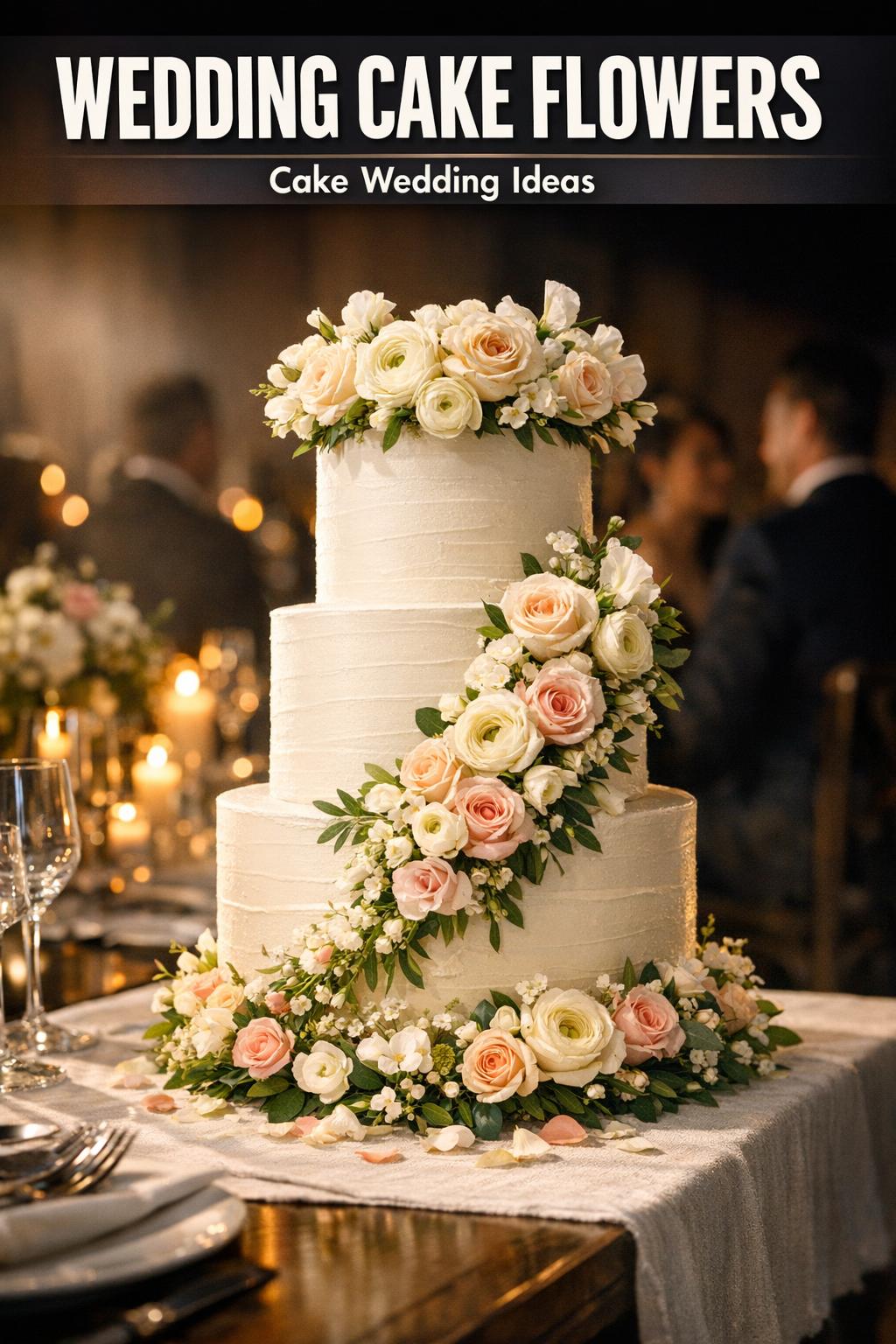 Wedding cake flowers arranged around a white tiered cake on a reception table